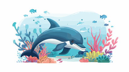 Obraz na płótnie Canvas Cartoon dolphin swimming in the ocean flat vector 