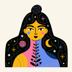 Vector illustration with long hair woman, abstract elements, stars and planets. Nature universe female poster, home decoration print design - 780303300
