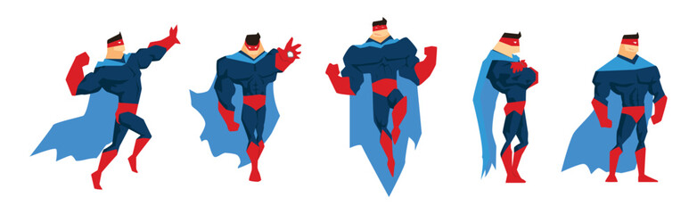 Muscular Man Superhero Character in Red and Blue Suit in Different Pose Vector Set - obrazy, fototapety, plakaty