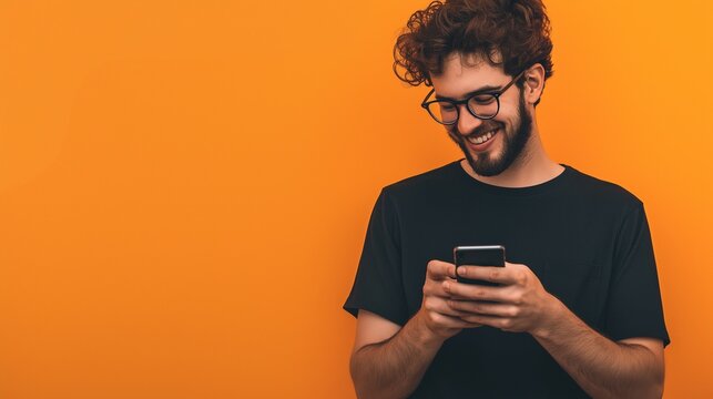 Cheerful young man in casual wearing framed eye glasses using phone over yellow background with copy space.