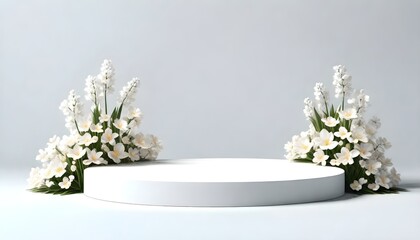 A white podium stands in the center, adorned with colorful flowers and lush greenery