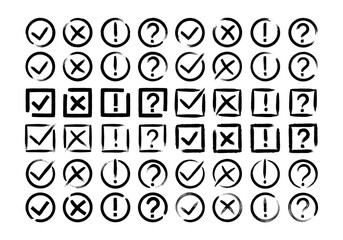 Dirty grunge cross x, tick OK, exclamation and question check marks in check boxes, hand drawn with brush strokes vector illustration isolated background. Exclamation, question mark, NO, YES symbols.