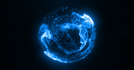 Abstract blue water glowing digital high-tech liquid futuristic energy plasma sphere with lines and particles on dark black background