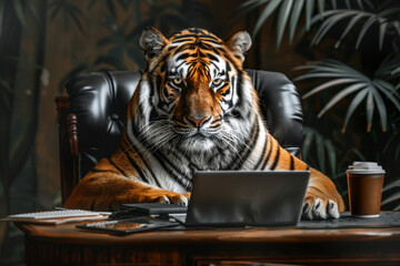A tiger working with a laptop in front of him, leadership concept. - obrazy, fototapety, plakaty