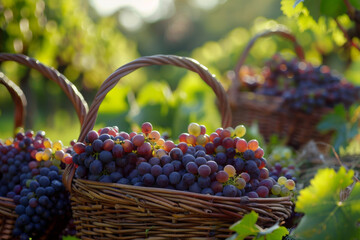Basket of grapes is on the ground in a vineyard, harvesting and winery concept.