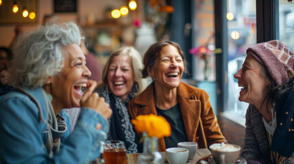  Elderly Friends Enjoying a Moment of Mirth in a Sun-Drenched Café