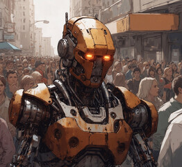 The concept of combining robots and people. Metal rusty robot in a crowd of people on a city street.