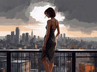 A lonely woman in a modern dress stands on the balcony and looks down on the city, the contrast between the bustling evening city and the woman's sad mood.