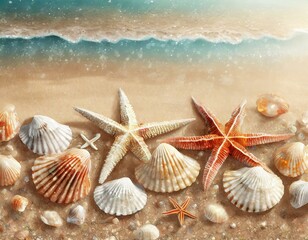 Fototapeta na wymiar Seashells and starfish arranged on a sandy beach with the ocean in the background