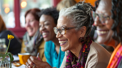 Joyful Multiethnic Senior Women Sharing a Laugh at a Cozy Cafe