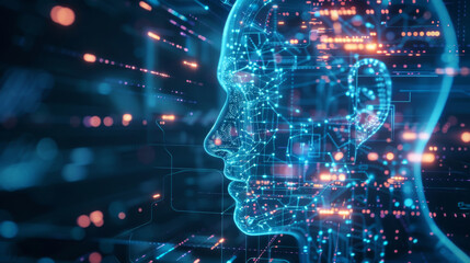 Fototapeta premium A hologram face with a blue futuristic technology background, artificial intelligence concept.