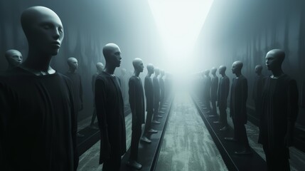A picture of an army of bald stone sculptures standing in a row, AI Generated. - obrazy, fototapety, plakaty