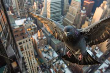 A pigeon is flying over a city with tall buildings, urban wildlife and freedom concept. - Powered by Adobe