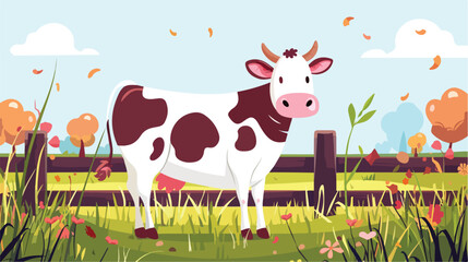 Cartoon funny cow in the farm landscape