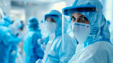 A healthcare team in protective gear, working collaboratively in a modern hospital's intensive care unit, teamwork and pandemic concept. - obrazy, fototapety, plakaty