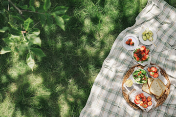 A picnic blanket is spread out in a park with a variety of fruits and sandwiches. Concept of relaxation and enjoyment of nature