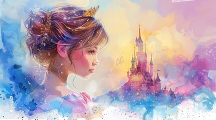 Artistic watercolor image of a young cute princess girl, adorned with a golden crown, on a pastel background. - obrazy, fototapety, plakaty