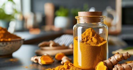 golden turmeric powder neatly packaged in a see-through glass bottle, set in a modern kitchen