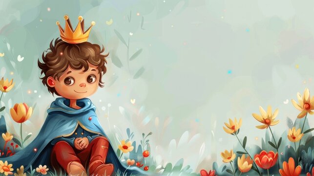 Artistic watercolor image of a young cute boy prince, adorned with a golden crown, on a pastel background.