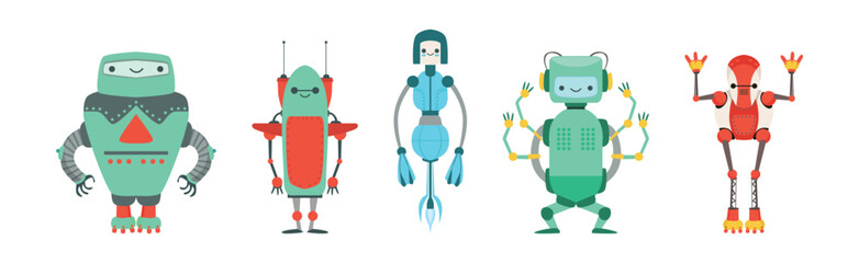 Cute Little Robot with Metal Parts Vector Set