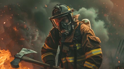 A firefighter in full gear carrying an axe