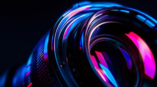 Closeup on the glowing edges of lens elements and aperture blades under black light