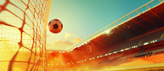 A summer football on a stadium with flying ball. Banner of soccer game. Sport concept. - 780305785
