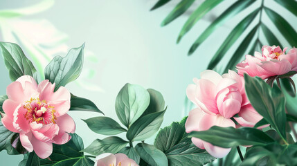 Beautiful romantic illustration of Philodendron with Peonies on light background. Modern banner. - 780305912