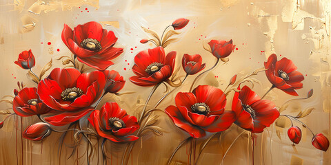 Red elegance anemone  oil painting. Banner with beautiful spring flower.