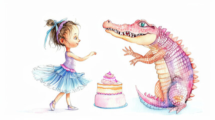 Adorable girl in ballerina dress with cute pink crocodile. Watercolor hand drawing on white background - 780305940