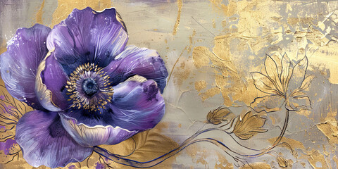 Violet anemone blossom oil painting. Banner with beautiful summer flower. - 780305957