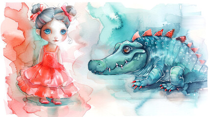 Adorable girl in red ballerina dress with cute crocodile. Watercolor hand drawing on white background - 780305958