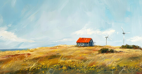 Landscape featuring a solitary cottage, wind turbines. Oil painting art