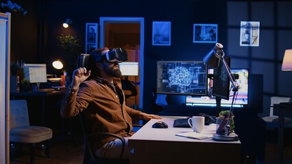 Developer wearing VR headset panicking after AI mind gains sentience, hastily removing goggles and altering lines of code. Admin scared by artificial intelligence gaining consciousness, camera B - obrazy, fototapety, plakaty