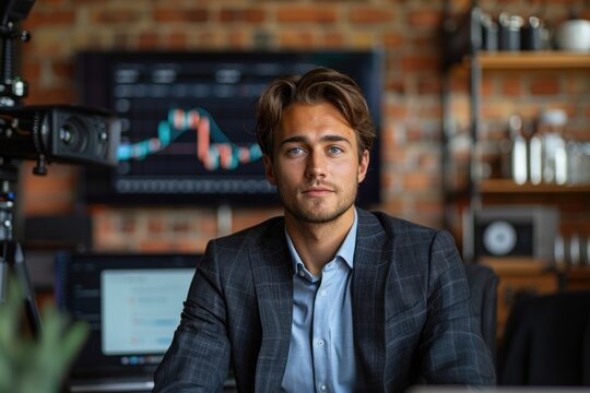 A young man hosting a video blog session, engages with his audience about cryptocurrency trading, with dynamic digital charts displayed in the background.