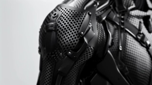 A detailed look at the flexible yet sy material that makes up the outer layer of the exoskeleton suit.