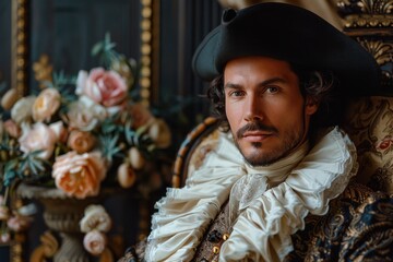A refined gentleman dressed in an elaborate Renaissance costume and a tricorn hat poses confidently , conveying a scene from a bygone era.