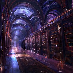 A very long tunnel library is filled with numerous lights hanging from the ceiling, providing...