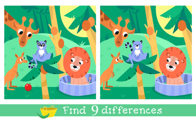 Find 7 differences. Puzzle game for children. Cute animals at zoo. Vector cartoon illustration. Funny bird animal.