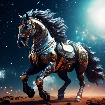 caballo con armadura peleando en el espacio, color azul, guerrero, constelaciones de fondo