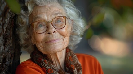  80 year old woman smile ,  glasses bright hair and green eyes, patterned silk chocolate brown scarf
