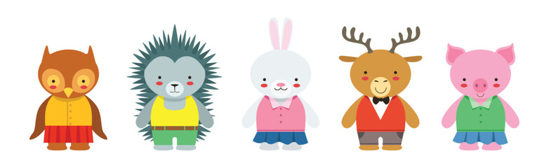 Cute Animal Character Standing Wear Dress and Clothing Vector Set