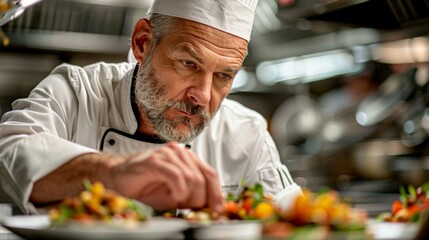 Mature chef in uniform focuses on garnishing a plated meal in a commercial kitchen setting.