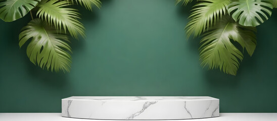 A white marble podium is covered with fresh green leaves, creating a vibrant and natural setting. Product Background. 