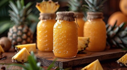 Bottles of fresh sweet pineapple juice on table and pineapple harvest plantation field background.Macro.AI Generative.