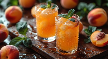 Glasses of fresh peach nectarine juice with fruit halves on table and plantation field background.Macro.AI Generative.
