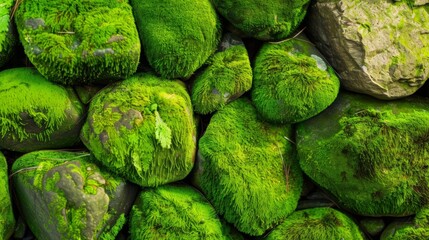 Moss-covered stones close-up texture background