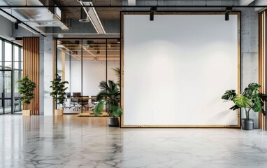 Modern coworking office interior with blank white mock up banner on wall, panoramic windows and city view, daylight, wooden flooring, furniture and decorative plant. 3D Rendering