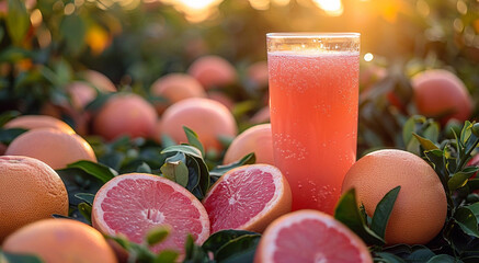 Glass of fresh cold red grapefruit juice with grapefruit halves on harvest plantation field background.Macro.AI Generative