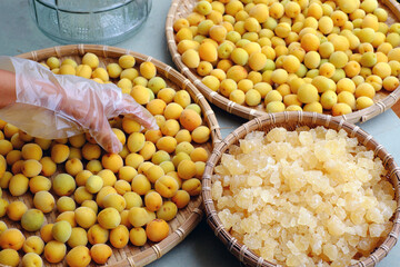 Raw material for making delicious beverage from apricot or Japanese plum with sugar, seasonal fruit that good for health, nutrition, rich vitamin